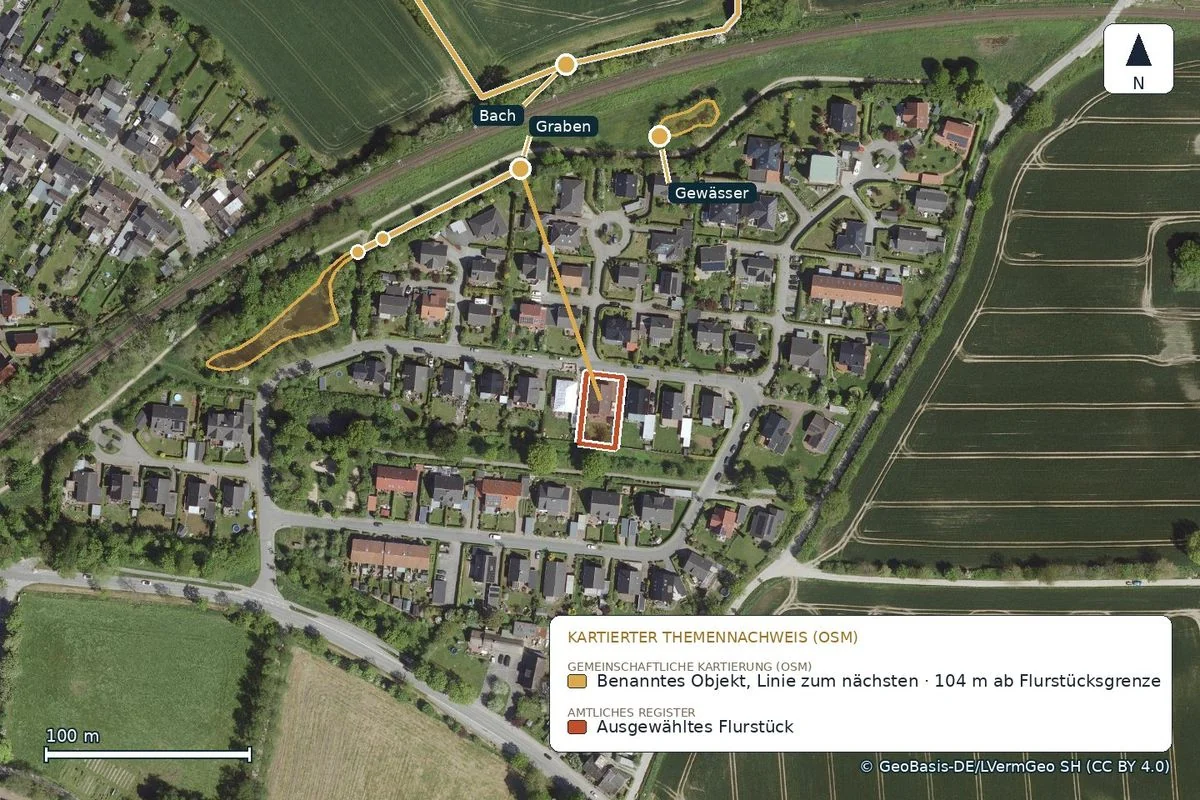 OpenStreetMap-Karte der benannten Gewässer um das Flurstück in Flensburg-Tarup