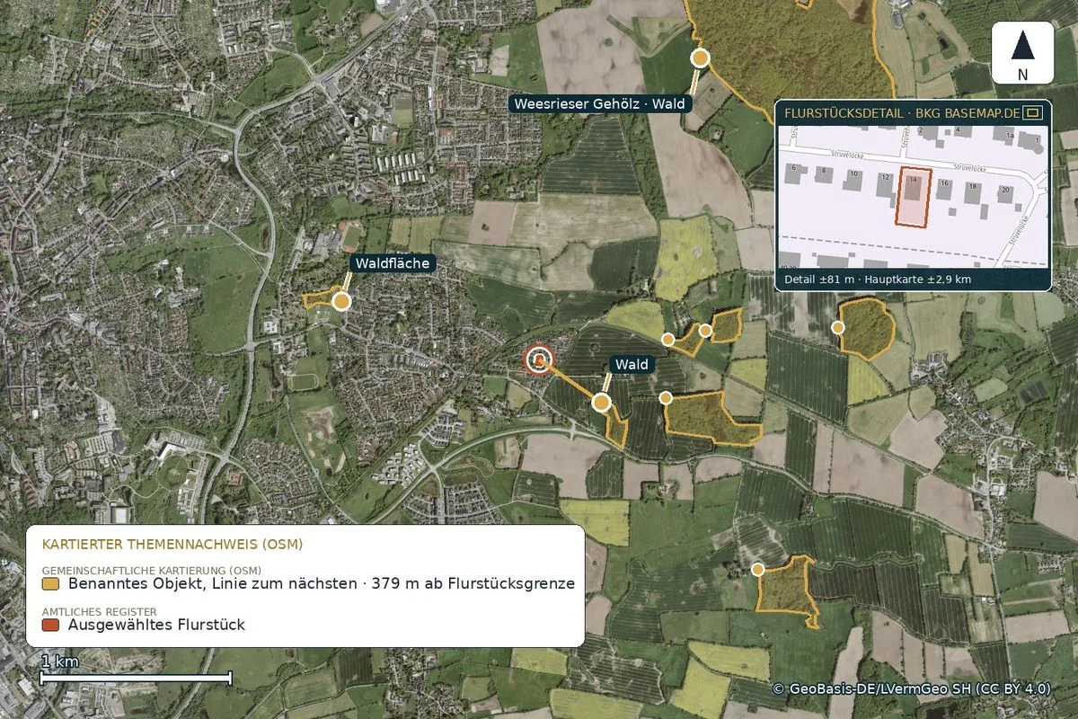 OpenStreetMap-Karte der Wald- und Gehölzflächen beim Flurstück in Flensburg-Tarup