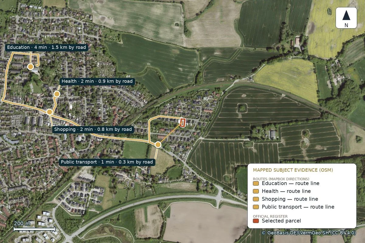 Map of road routes from the parcel in Tarup, Flensburg, to everyday destinations, routed by Mapbox Directions