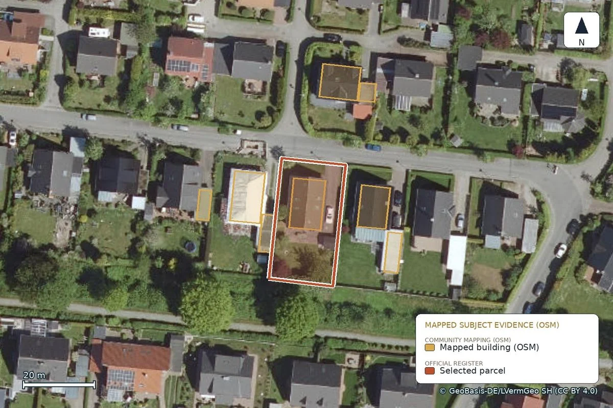 Aerial image with the mapped buildings around the parcel in Tarup, Flensburg