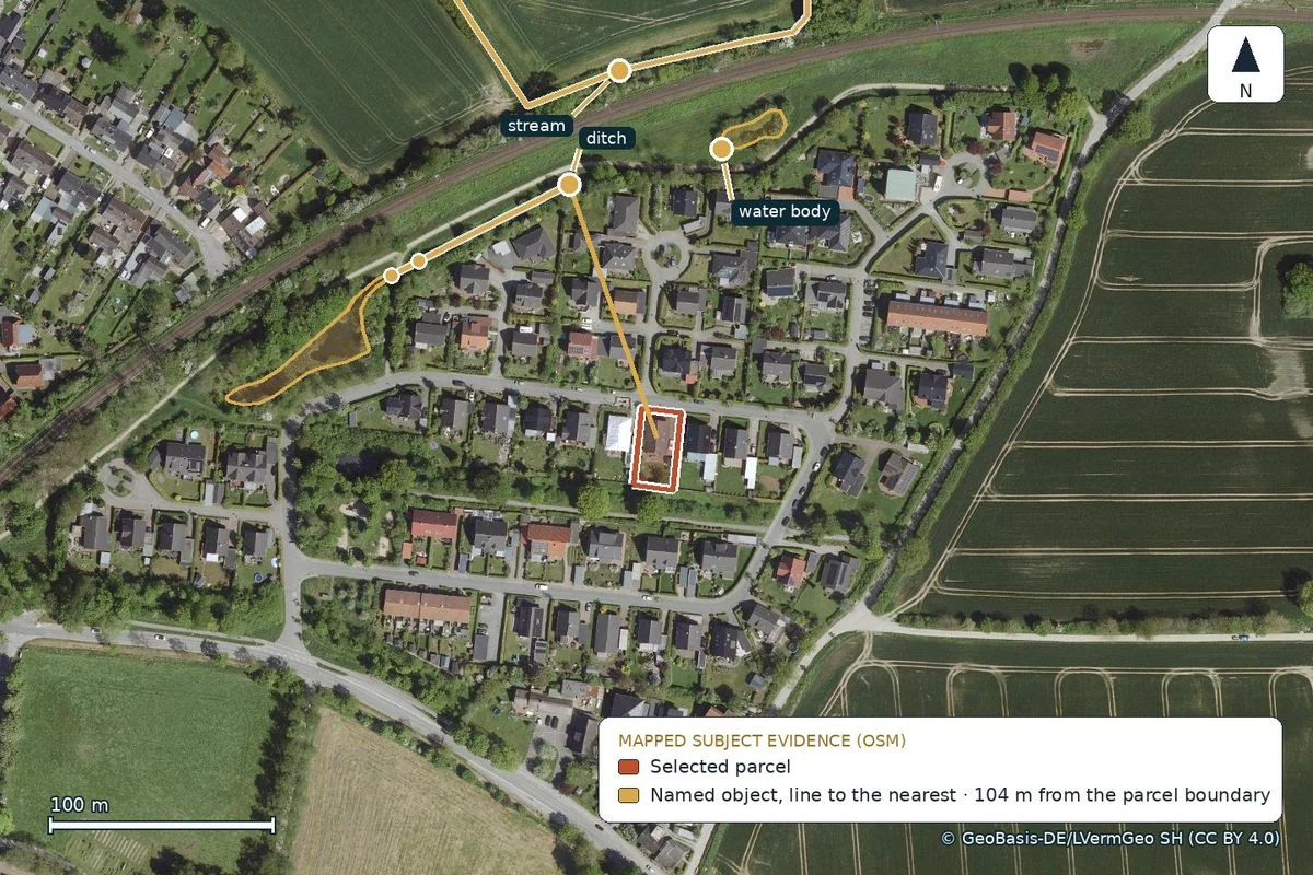 OpenStreetMap map of named watercourses around the parcel in Tarup, Flensburg