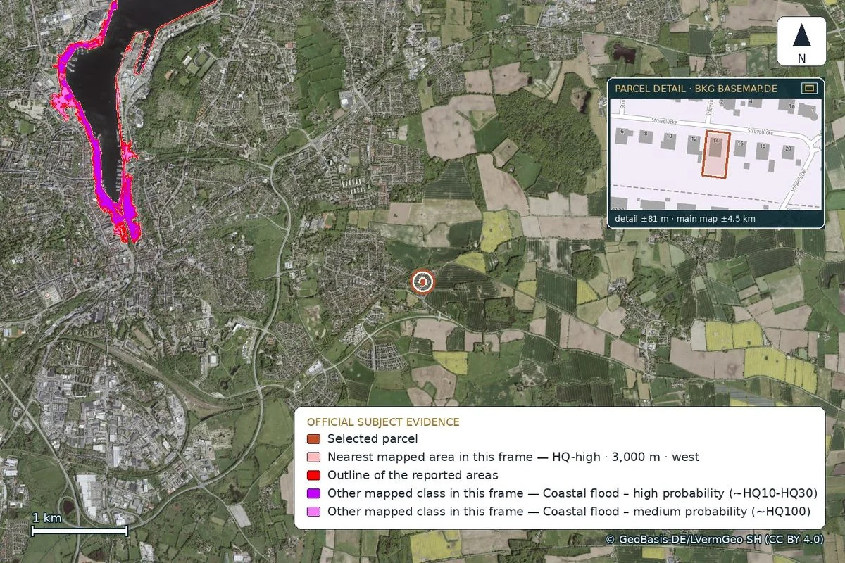 Flood map near Flensburg with the parcel and the nearest mapped flood areas
