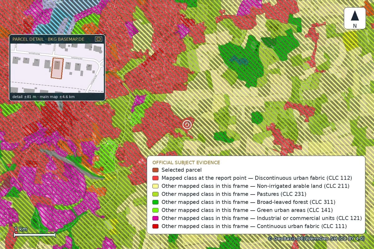 CORINE Land Cover map with coloured land-use classes around the parcel in Tarup, Flensburg