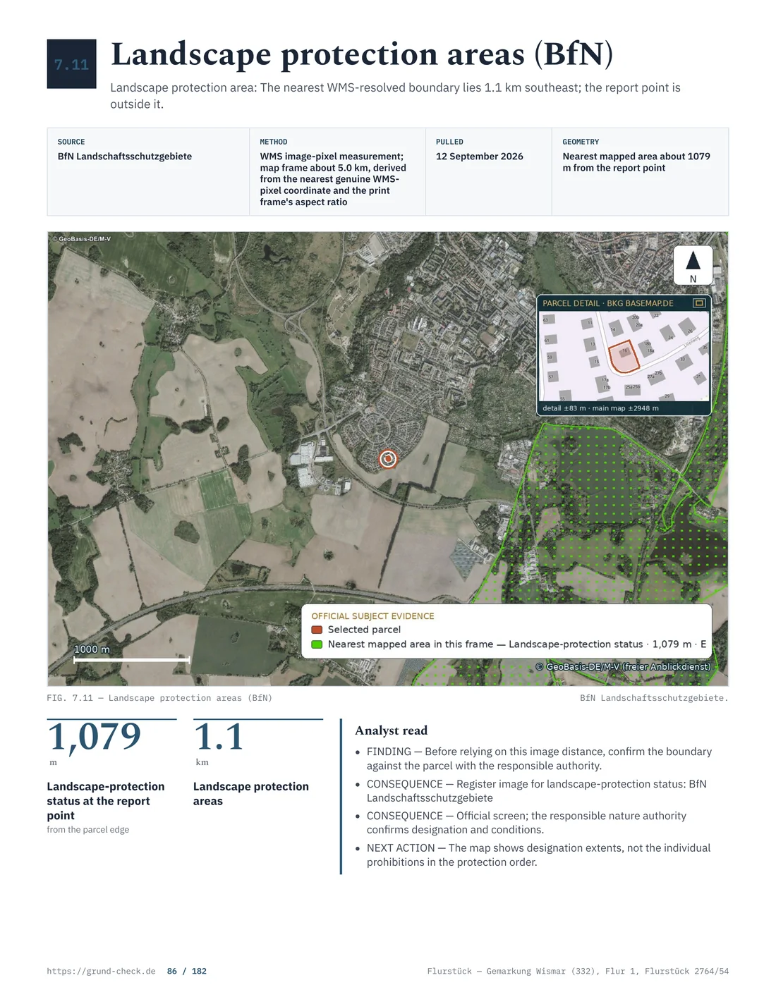 BfN landscape-protection map centred on the marked Wismar report point