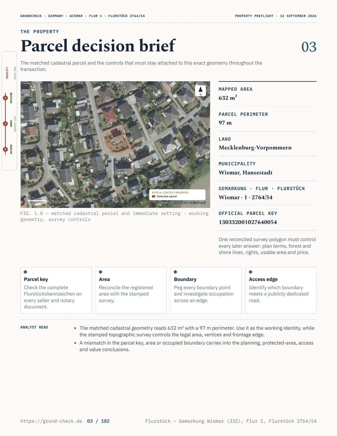 Wismar sample-report status page with aerial map, parcel outline, area and review prompts